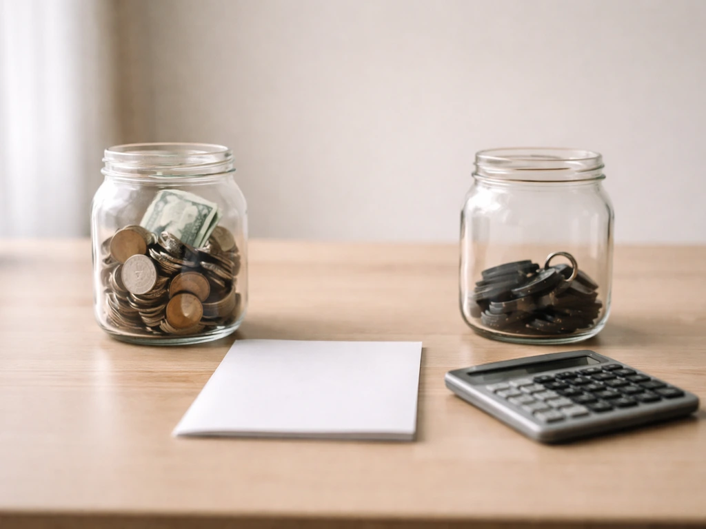 Desk with two unlabeled jars suggesting assets vs liabilities for net worth, no text.