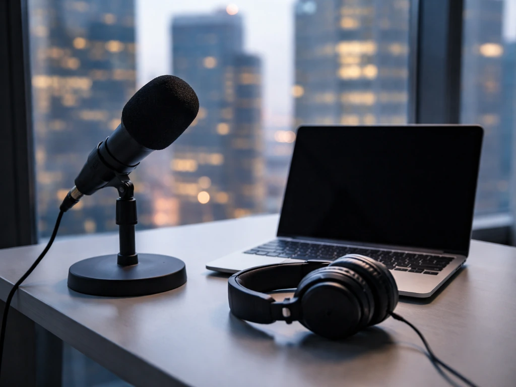 Minimal office desk with microphone and blank laptop, overlooking modern finance buildings at dusk.