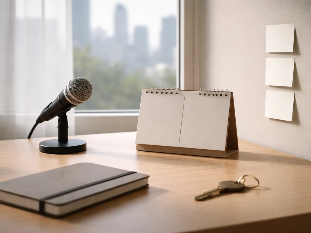 Minimal office desk with a small microphone and a single key calendar card symbolizing a money and career timeline
