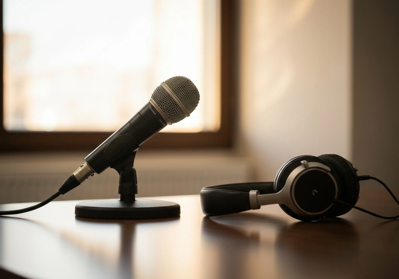 Minimal photo of a studio microphone and desk items, symbolizing TV hosting and media-linked wealth