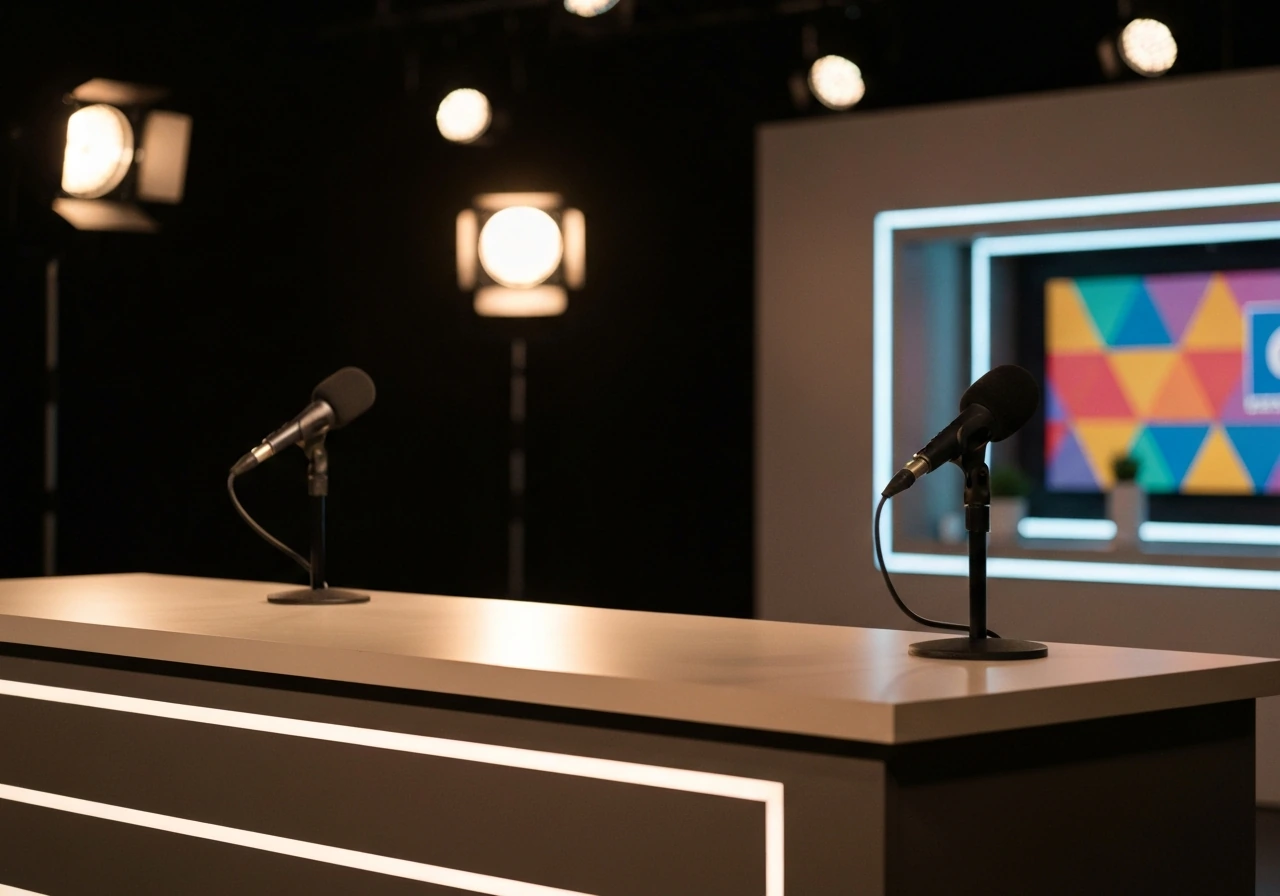 Minimal TV studio set with microphones and a Catfish-like backdrop, no person visible