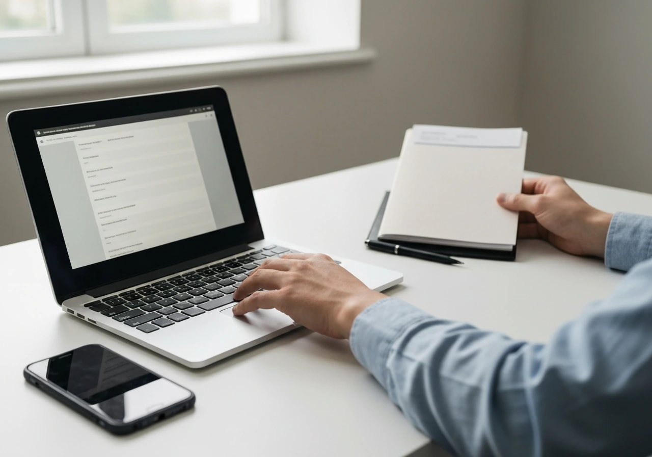 Person at a desk comparing a laptop search page and a folder of business documents, symbolizing trademark verification.