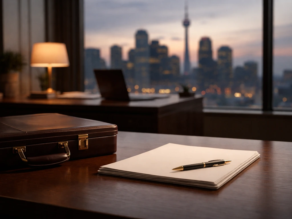 Close-up of an executive desk with a leather briefcase, brass pen, and blurred Canadian city skyline at dusk