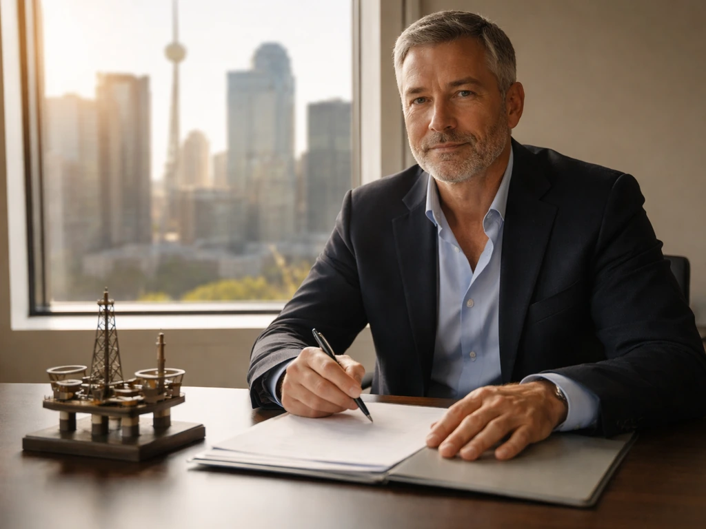 Canadian financier in a suit reviewing energy royalty documents at a quiet Toronto office desk