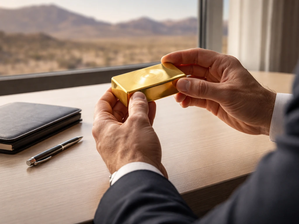 Anonymous hands hold a gold bar on a desk with a Nevada desert view through a window.