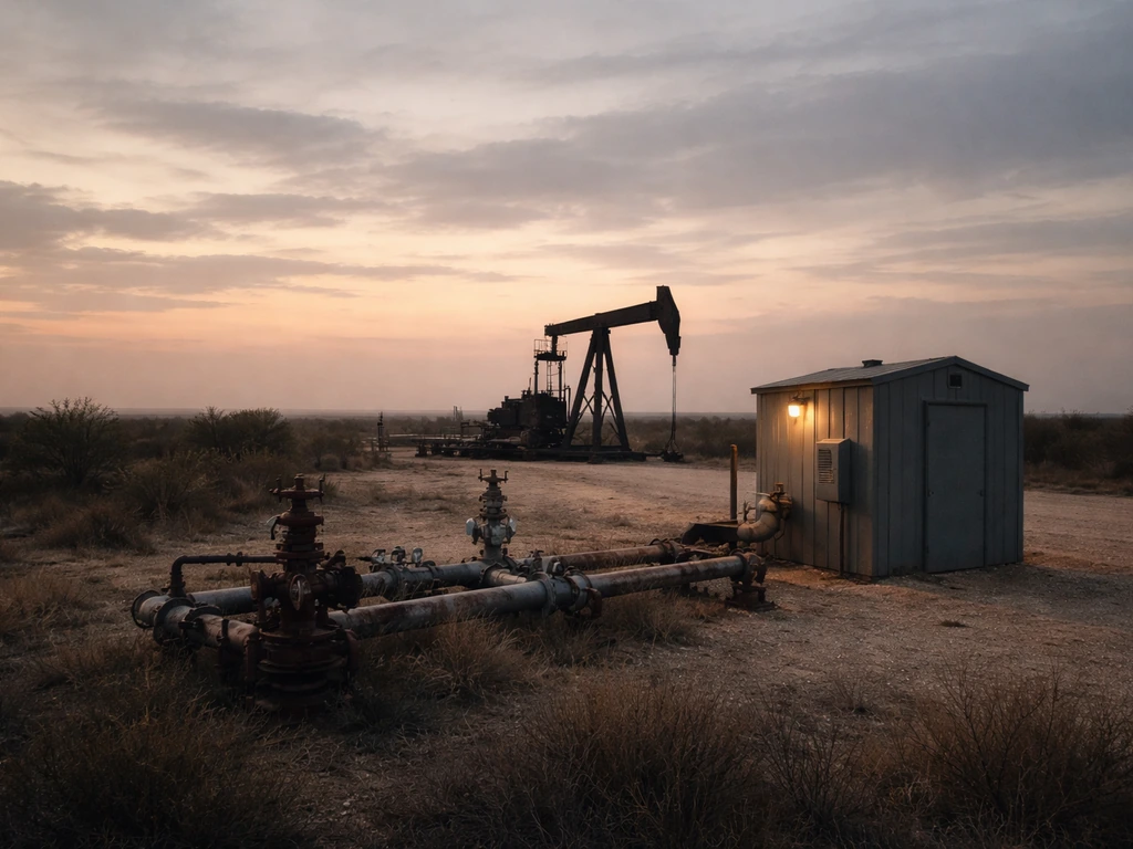 Oil and gas pumpjack with nearby pipes and a small control shed in a minimal landscape at dusk.