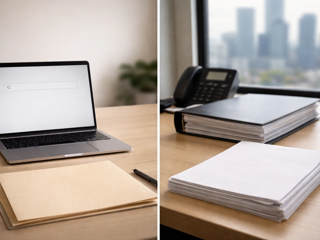 Split-panel office scene: generic laptop search on left, corporate filings documents on right.