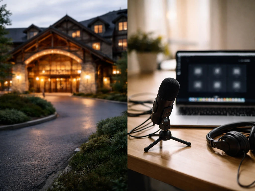 Quiet resort exterior beside a desk with laptop and microphone, symbolizing a career shift.