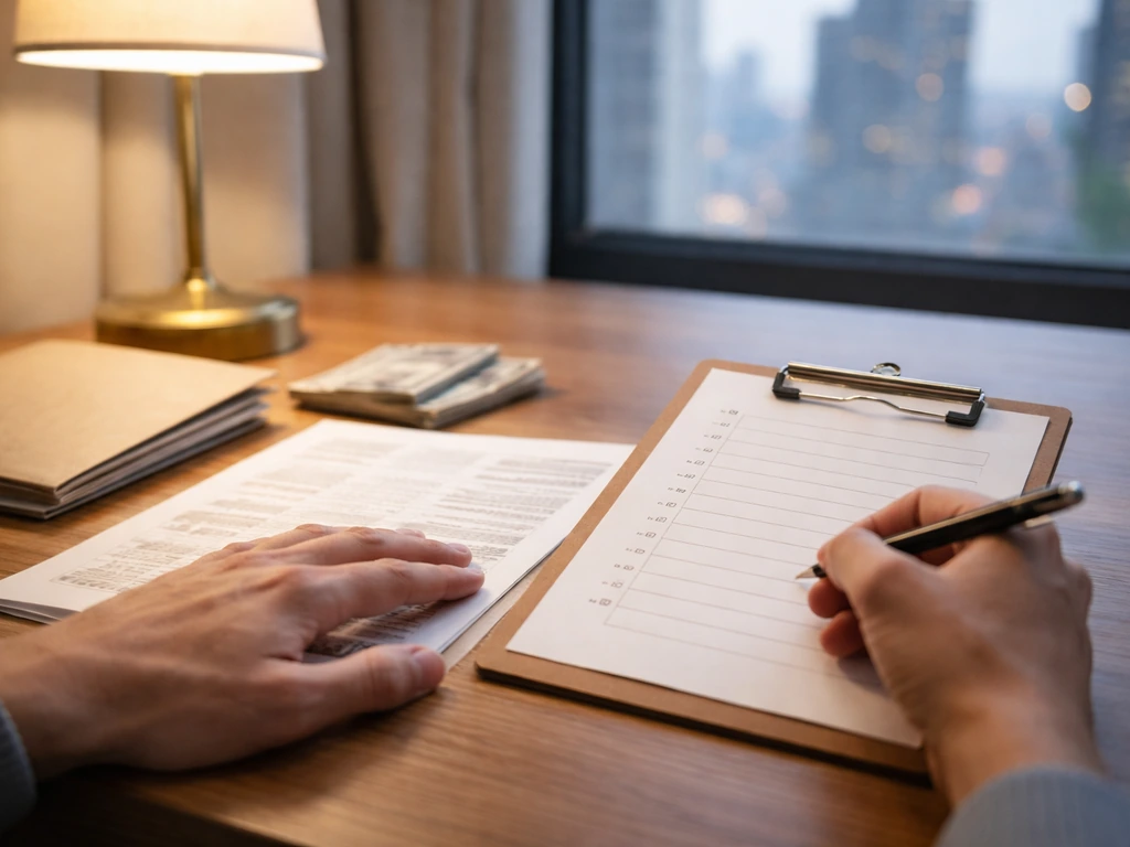 Hands reviewing financial documents with a checklist on a desk, money and business cues nearby