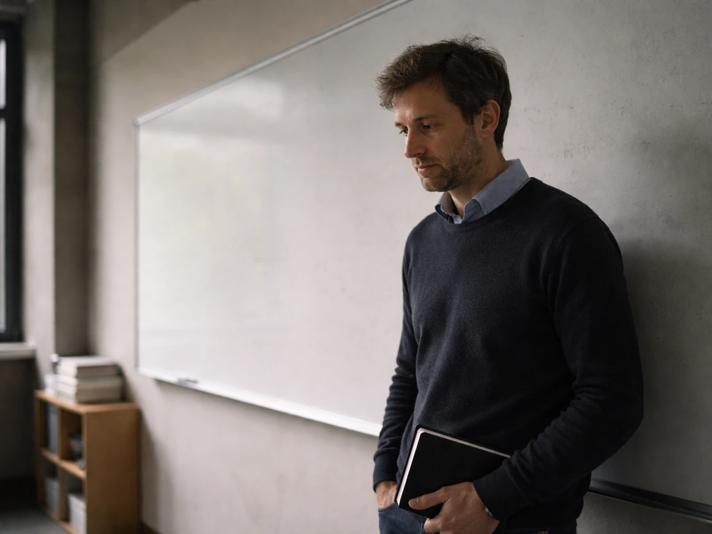Peter Scholze in a quiet mathematics institute lecture hall with a whiteboard in the background