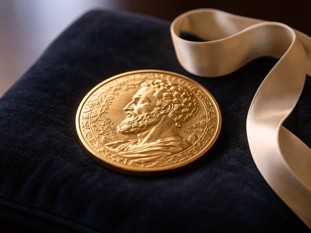 Close-up of a gold medal resting on a dark velvet cushion beside a simple award ribbon