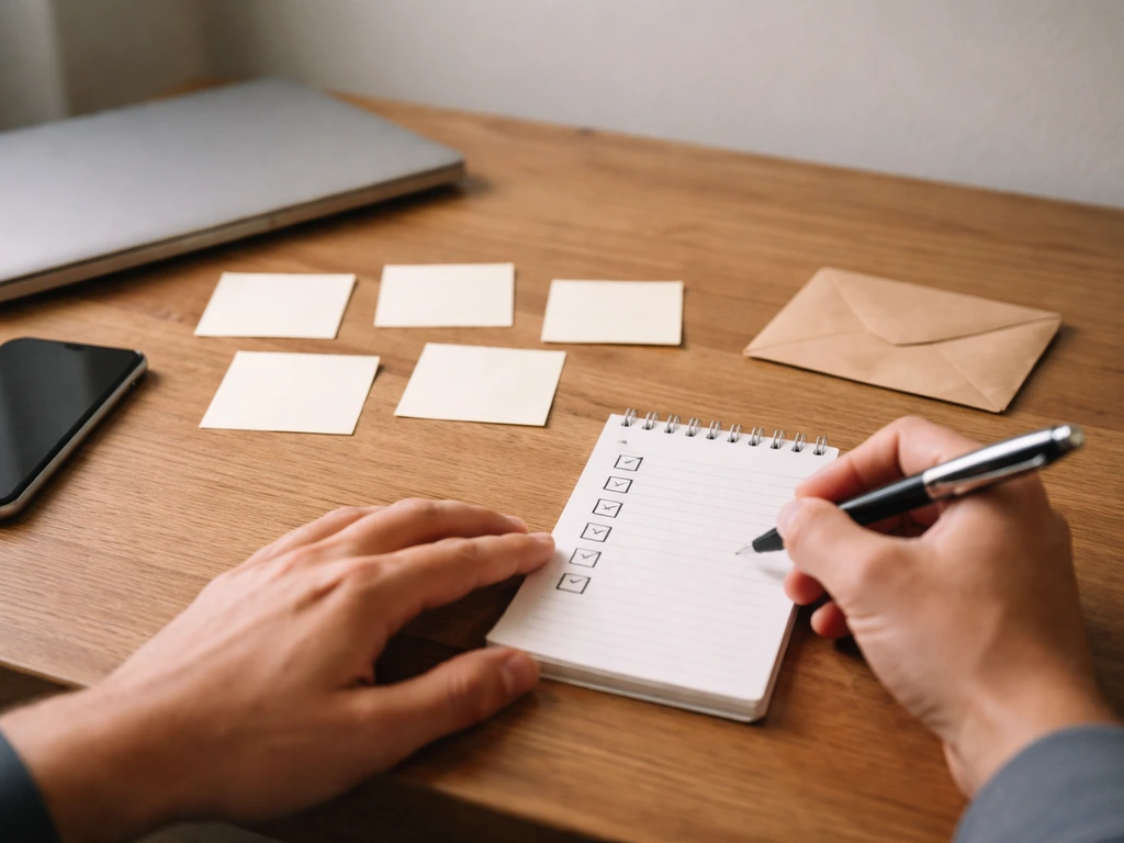 Hands writing a blank due-diligence checklist on a wooden desk with phone and laptop nearby.