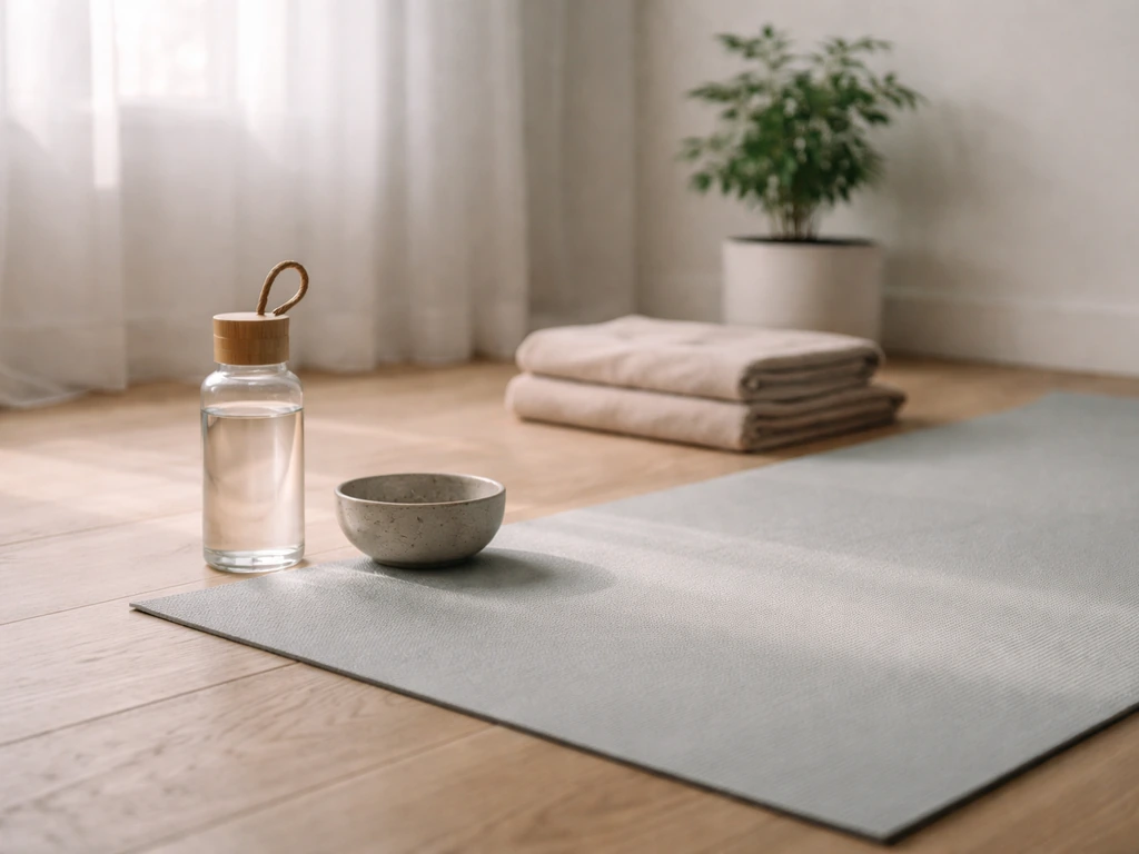 A wellness founder style desk setup with a yoga mat, water bottle, and soft daylight ambiance