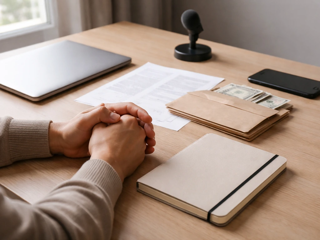 Minimal office scene with a laptop, notebook, and paperwork suggesting building a private net worth estimate.