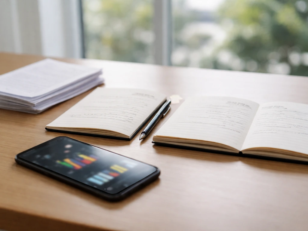Two open notebooks with different updated dates beside a smartphone showing investment dashboards, no text