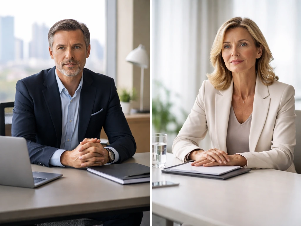 Split-screen of a Google-era executive and a public leader in separate minimalist office scenes, symbolizing the couple