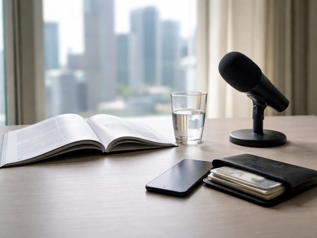 Minimal office desk with business magazine, microphone, and city view symbolizing wealth estimate evidence.