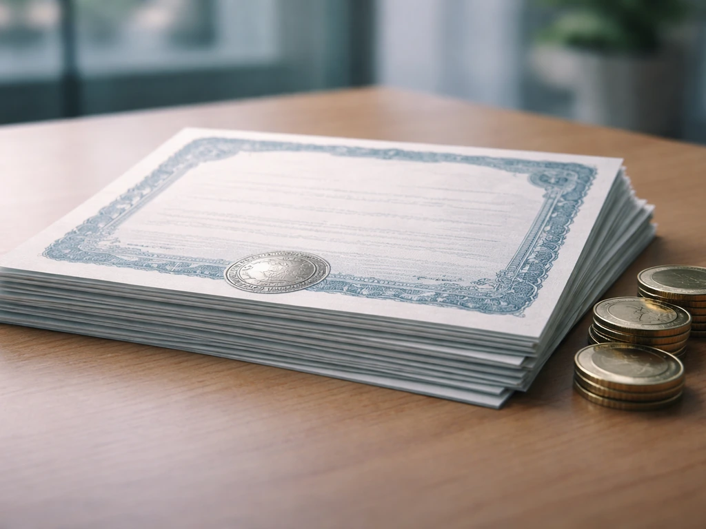 Close-up of glossy Alphabet-style stock certificates and a few share tokens on a desk under natural light