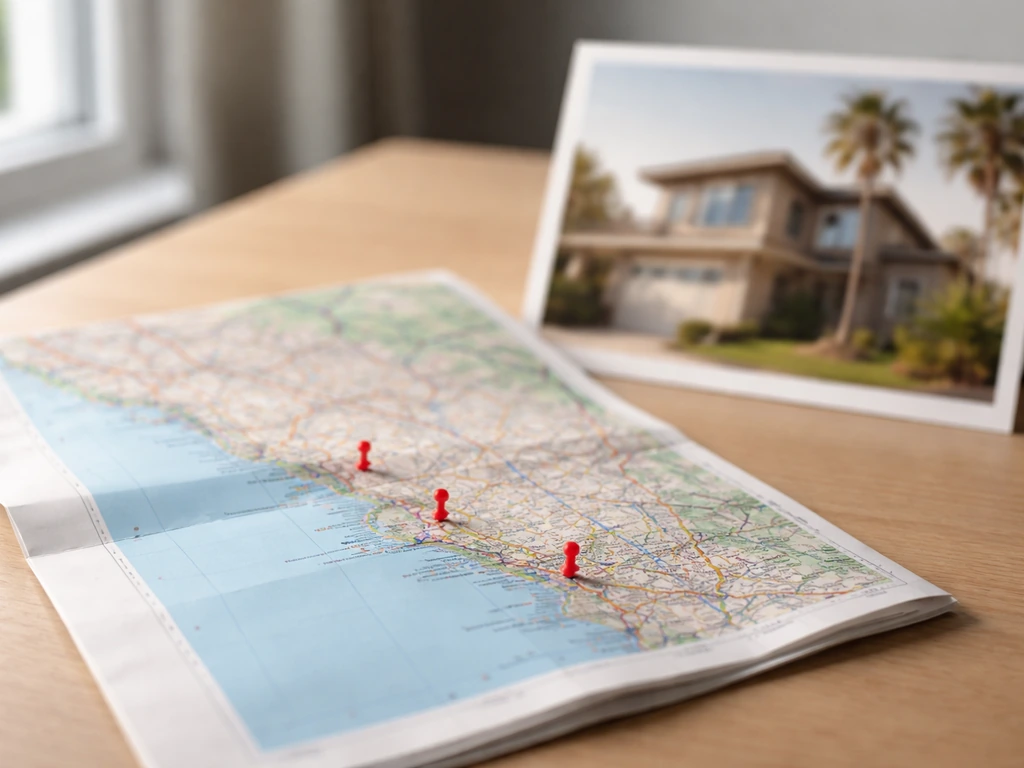 Desk map of California with a few red pins and a blurred house facade suggesting major real estate holdings.