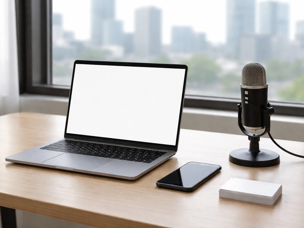 Minimal startup office desk with laptop, microphone, and smartphone near a window symbolizing a founder’s platform