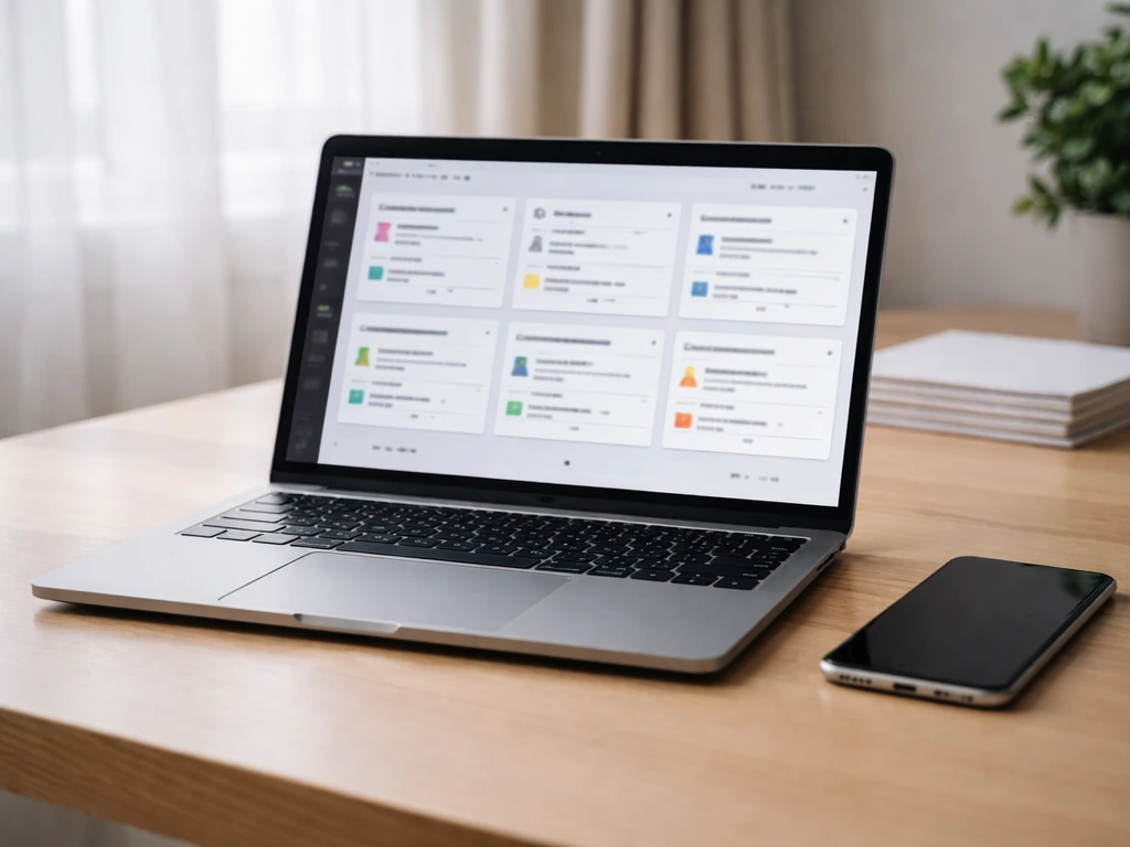 Minimal desk with a laptop showing blurred database-style cards suggesting funding and ownership insights.