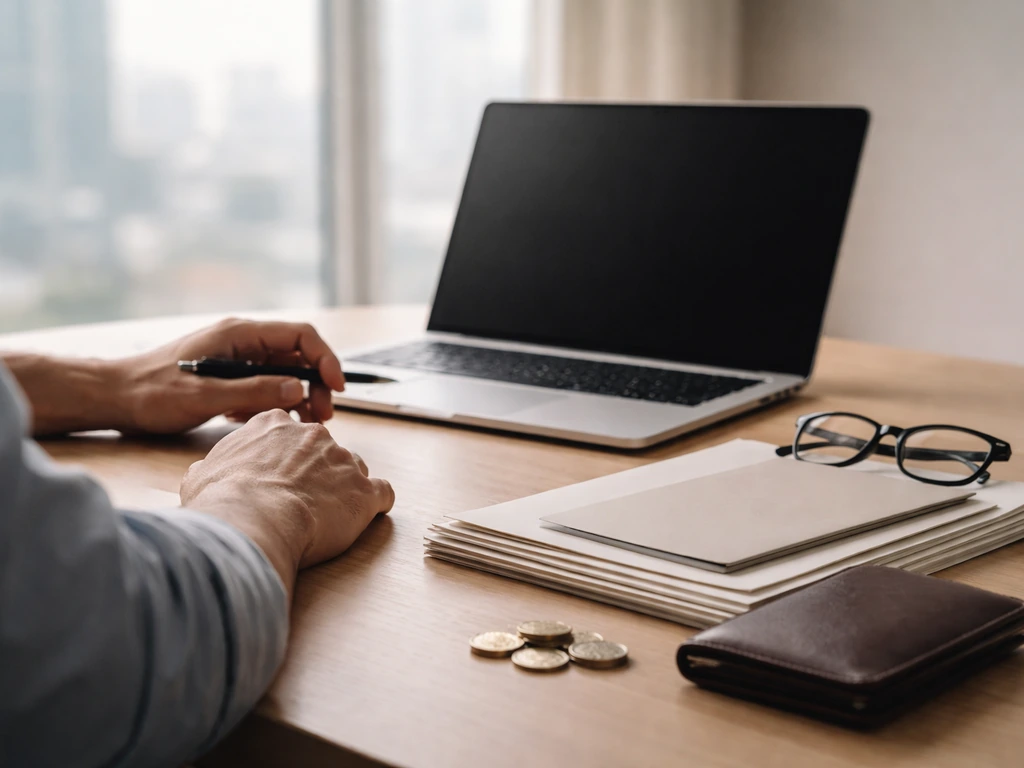 Minimal office desk scene with laptop, documents, pen, coins, and reading glasses suggesting wealth research.