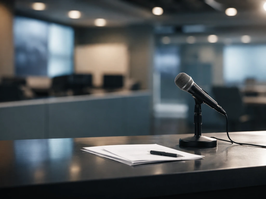 A quiet news studio desk with a microphone and blurred newsroom lights, symbolizing verified media reporting