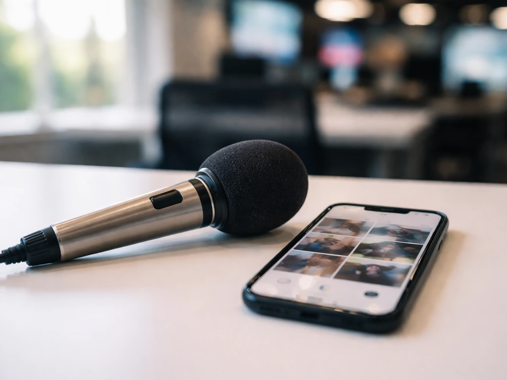 Minimal newsroom-style desk scene with a smartphone and microphone, symbolizing verifying the right media identity.