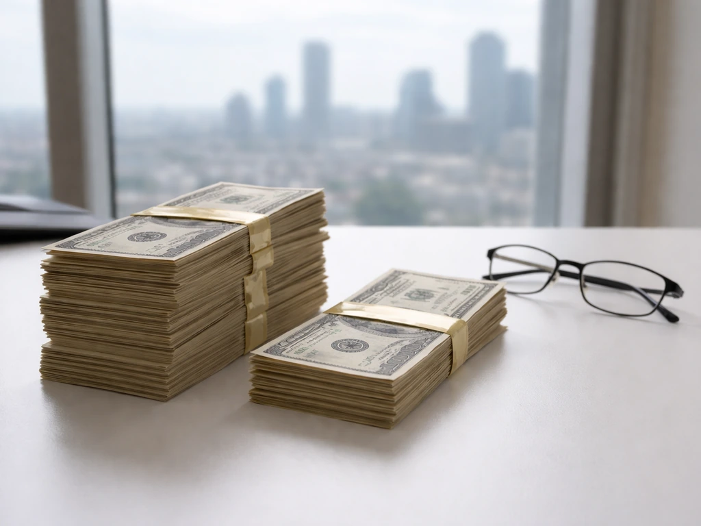 Two separated stacks of cash on a desk with reading glasses, symbolizing differing net-worth estimate ranges.