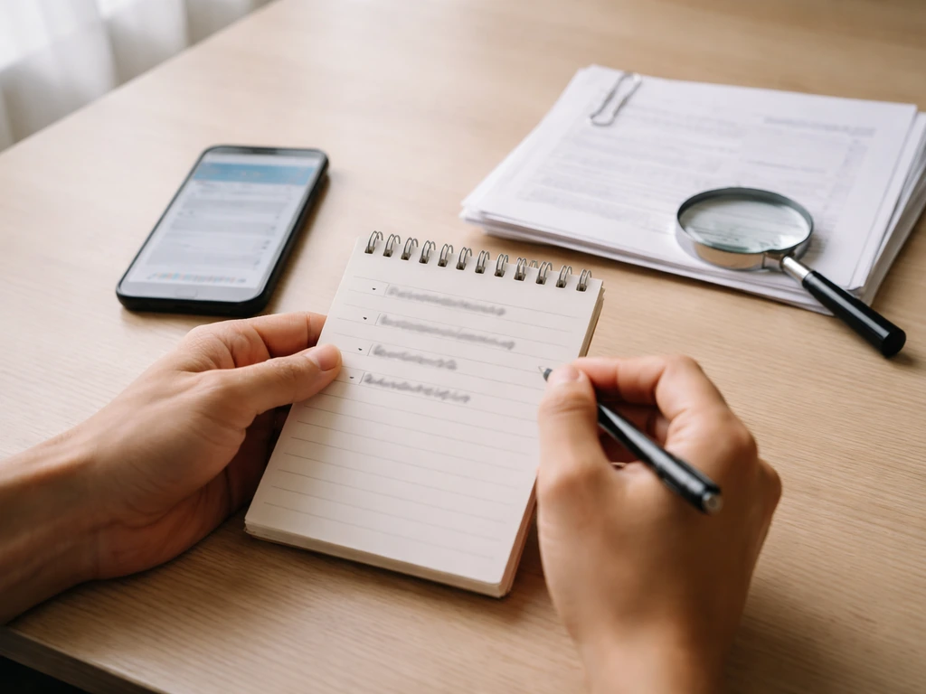 Hands review financial documents and a checklist note on a quiet desk with a magnifying glass.