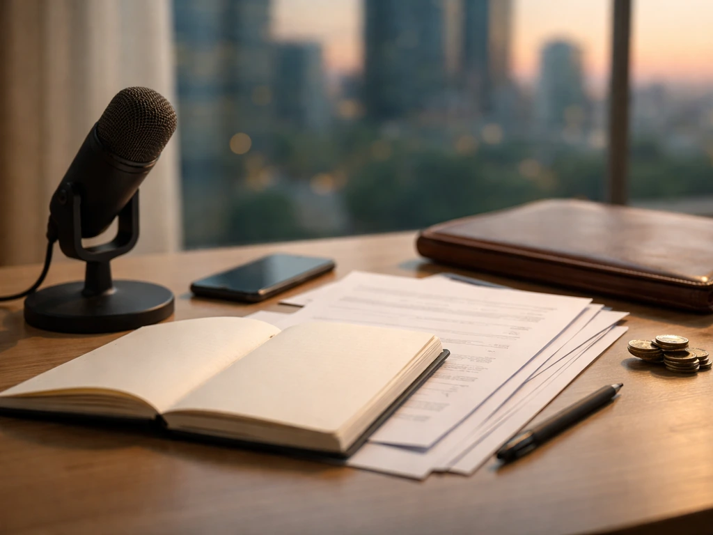 Minimal finance research desk with microphone, papers, coins, and city light in the background
