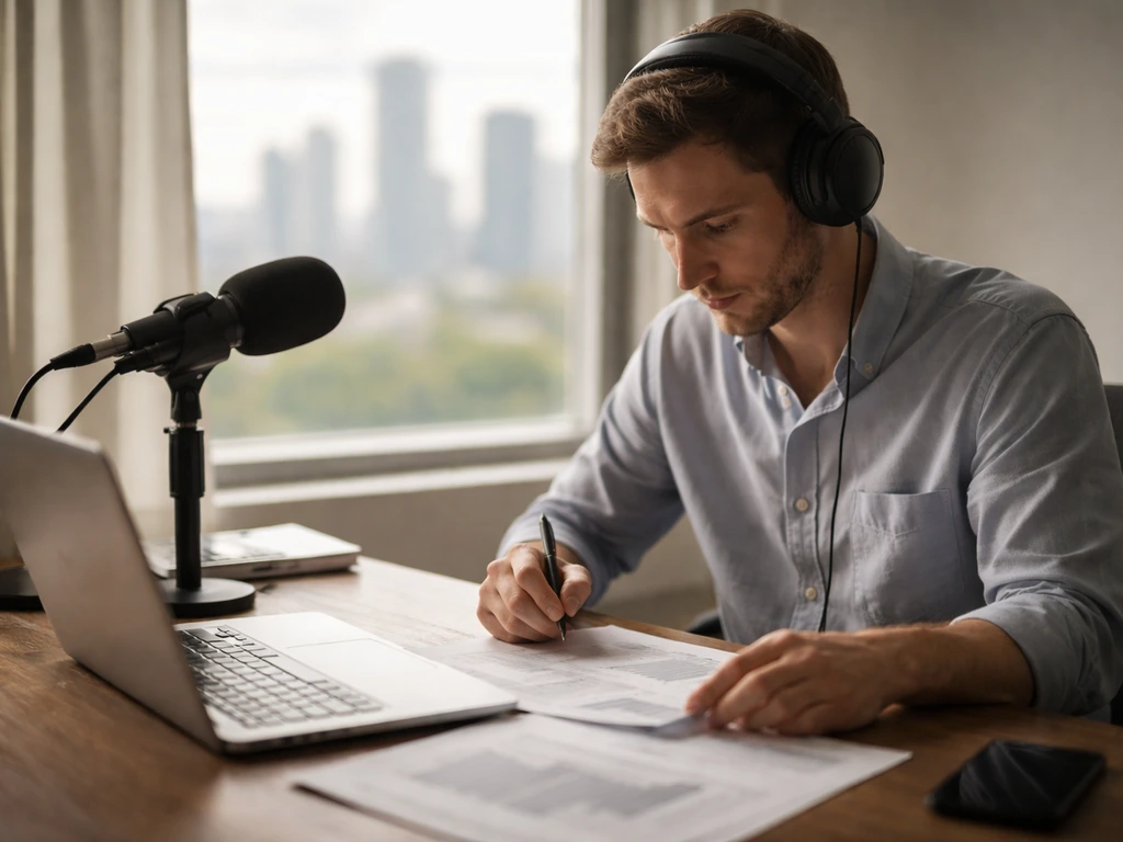 Anonymous investor-author at a desk with a laptop and microphone in a quiet office, morning light.
