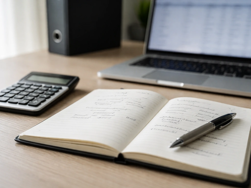Close-up desk scene with calculator, open notebook, and blurred finance laptop suggesting private business valuation est