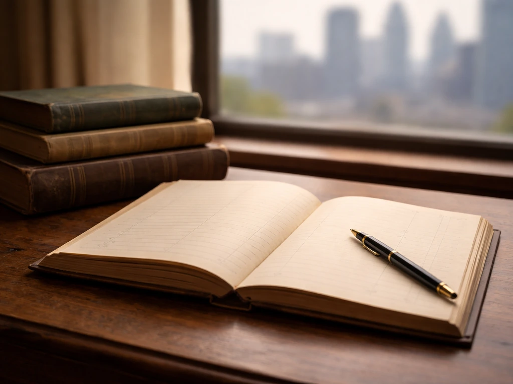 Open vintage business ledger beside investment books and a pen on a wooden desk, implying career and wealth growth.
