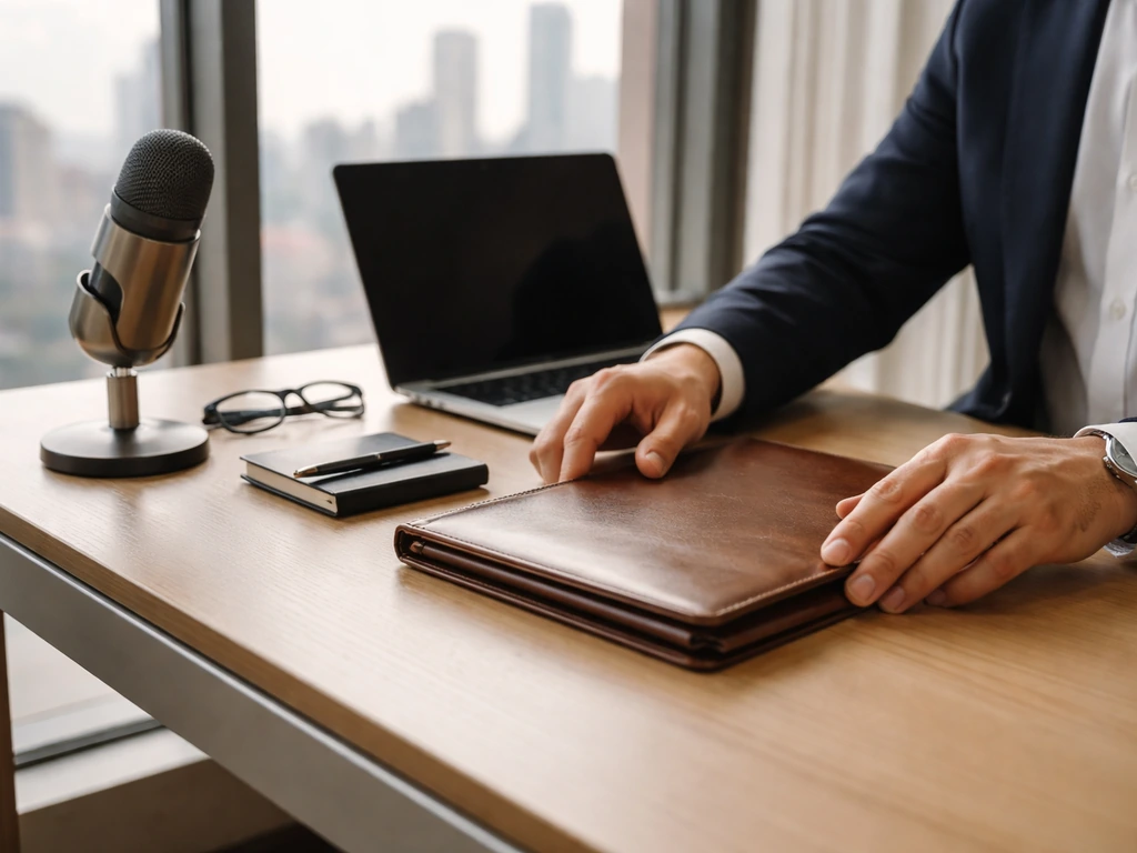 Anonymous finance professional desk with laptop, microphone, portfolio, and city skyline through window
