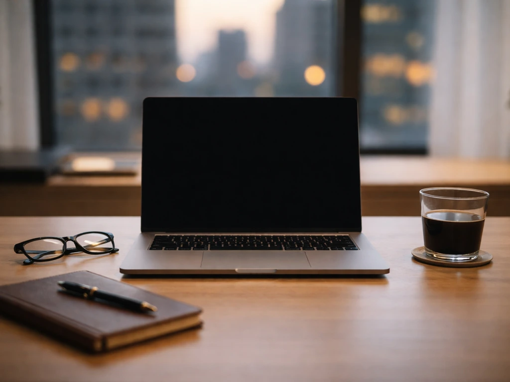 Empty private office desk with an open laptop, coffee, and subtle venture-capital symbolism