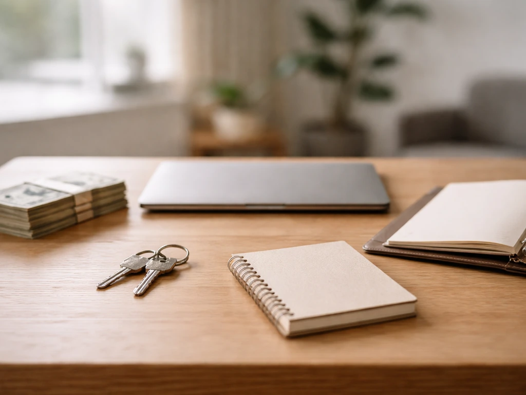 Close-up of an anonymous desk setup with cash, a laptop, and a binder suggesting assets minus liabilities.