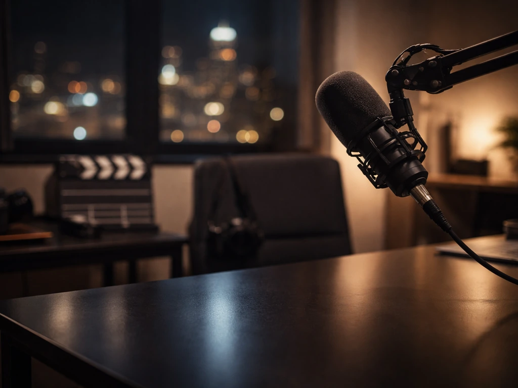 Minimal photo of a polished desk with a studio microphone and city skyline glow, symbolizing film and money curiosity.