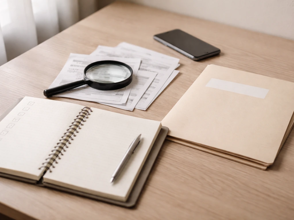 Over-the-desk scene with magnifying glass and blank checklist over obscured financial documents.
