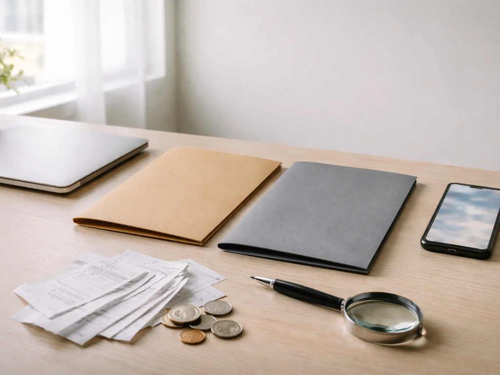 Minimal office desk with two folders and a smartphone showing an abstract money-and-research mood