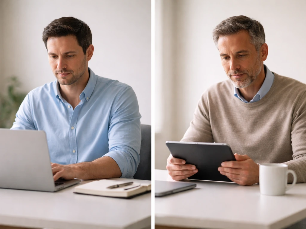 Two anonymous businessmen at separate desks in a minimal office, symbolizing two different Doug Schieffers.