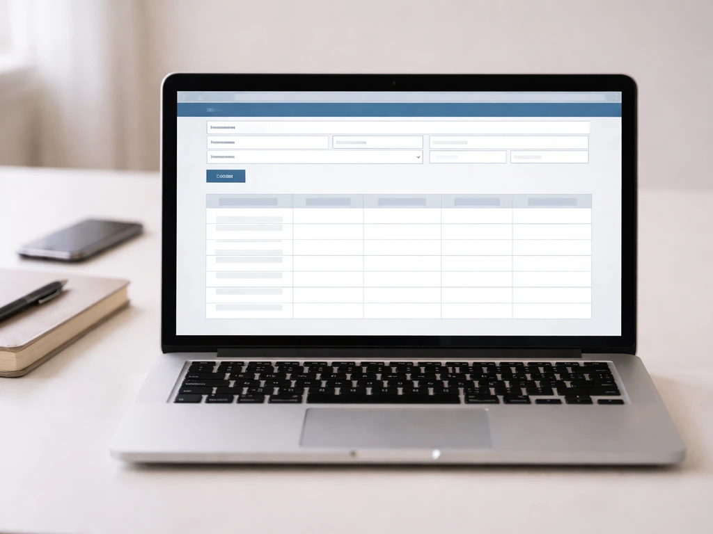Close-up of a laptop showing a generic business-filing search page with empty results fields