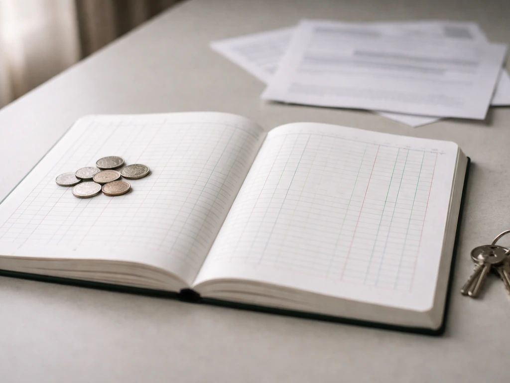 Minimal photo of a notebook with a blank ledger page, coins, and keys representing assets and liabilities