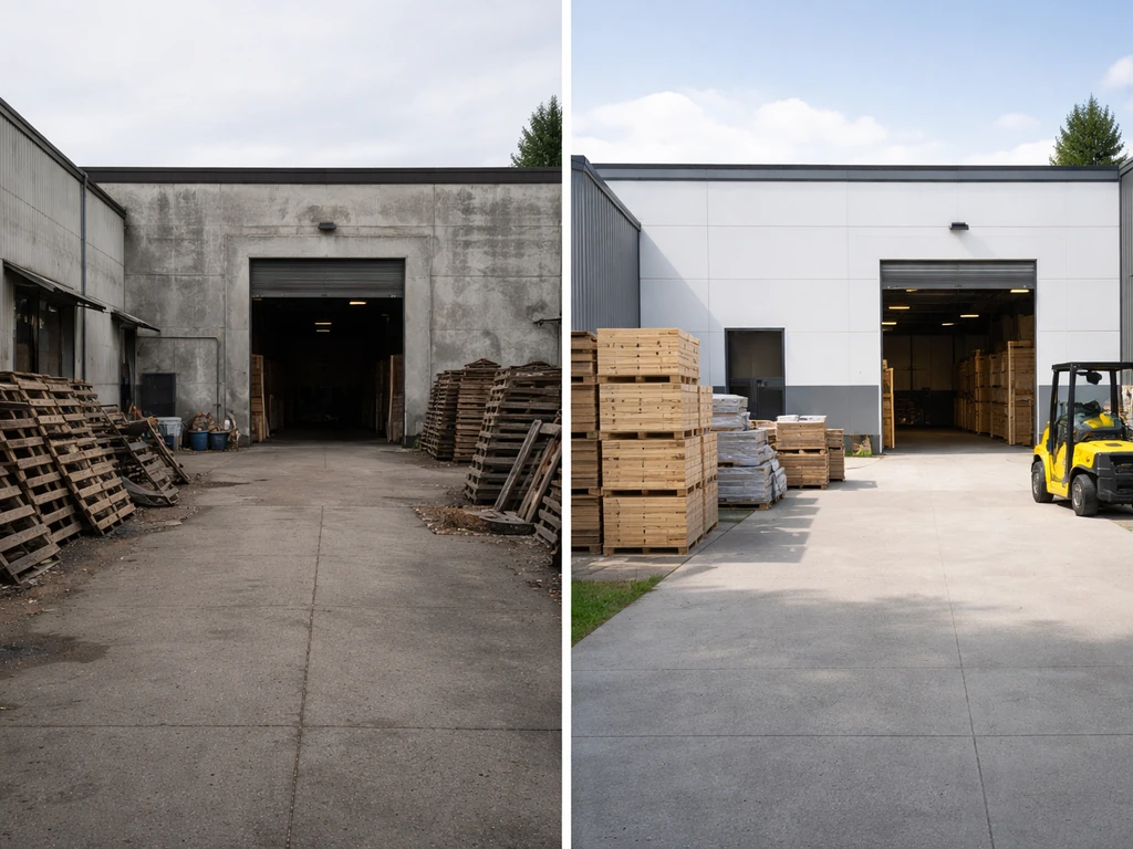 Split view of an aging concrete yard vs a cleaner modern warehouse yard, suggesting business growth over time.