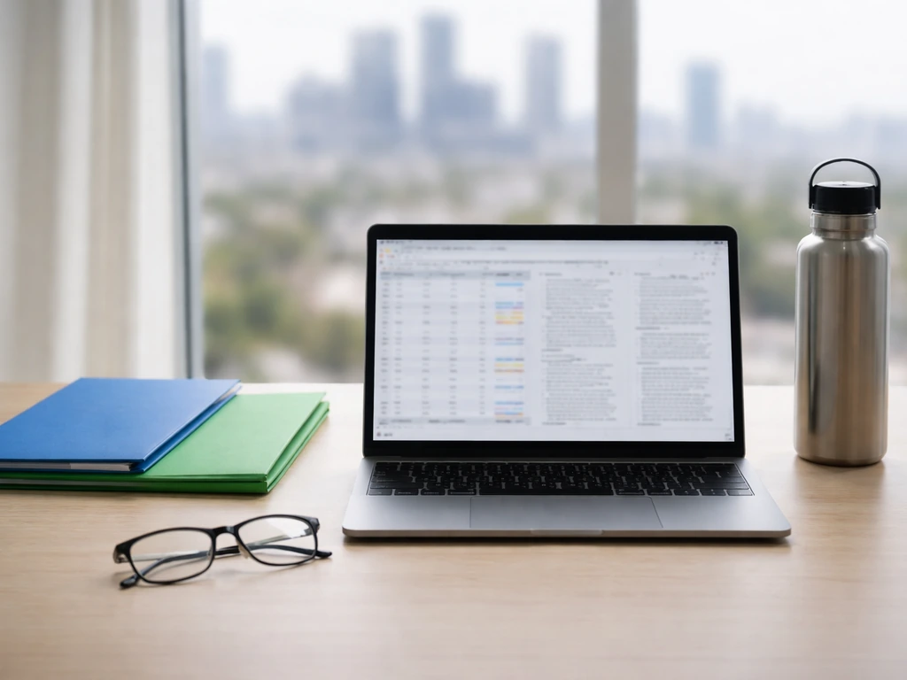 Minimal desk with laptop and two colored folders, suggesting biotech and matching the right professional.