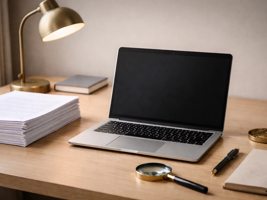 Minimal desk scene with open laptop and stack of documents, implying calculation from public filings.