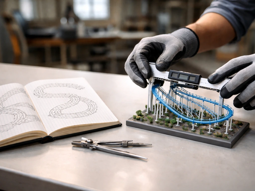 Gloved hands using calipers beside a roller-coaster track model on an engineer’s desk.