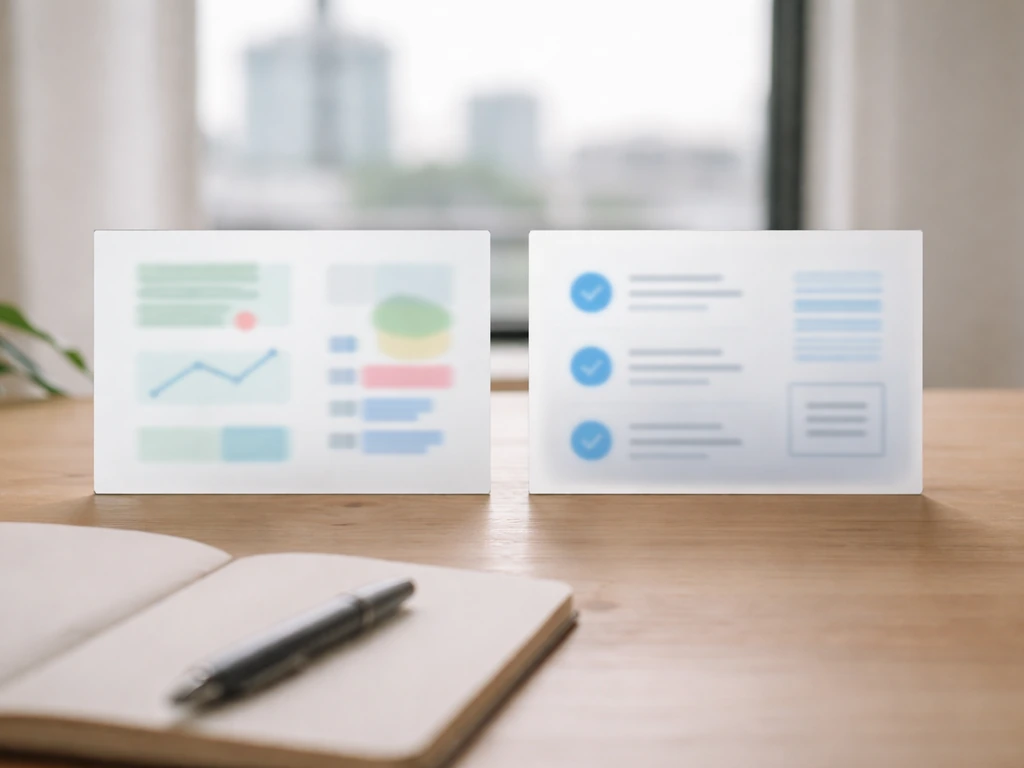 Minimal desk scene with two blurred placards suggesting algorithm estimates vs verified public records