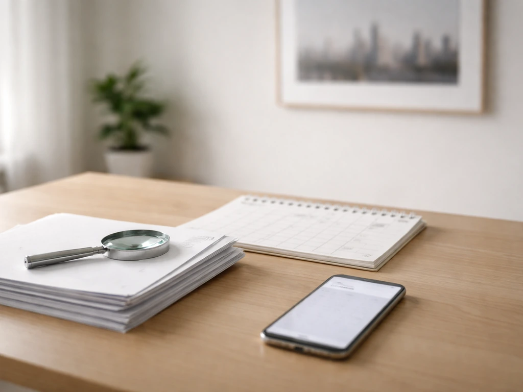 Minimal desk scene with a calendar, magnifying glass, and documents suggesting public record due diligence