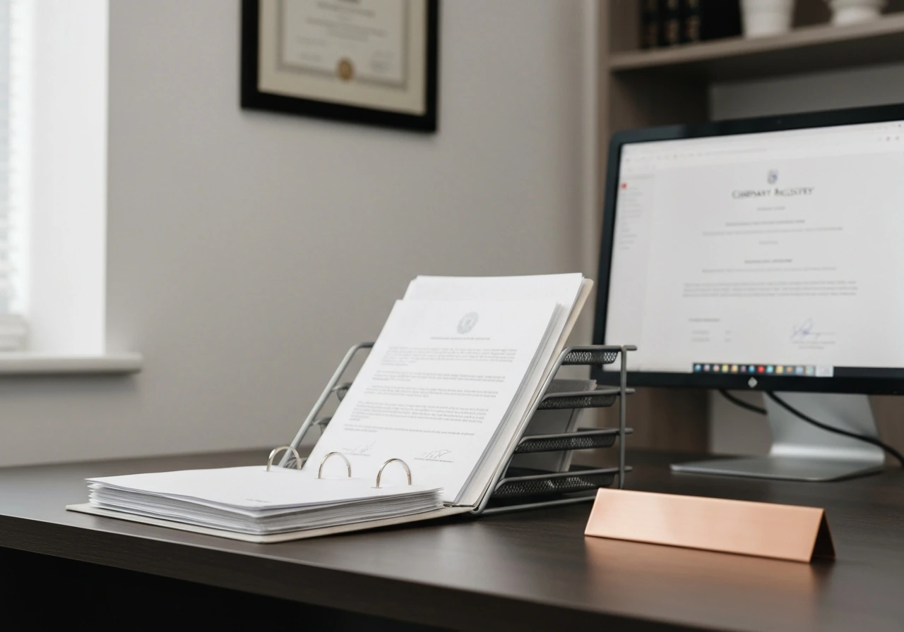 Minimal office desk with open binder and blurred registry documents suggesting documented company leadership.